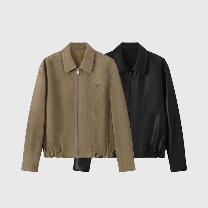 prada suede leather point collar full zip bomber jacket